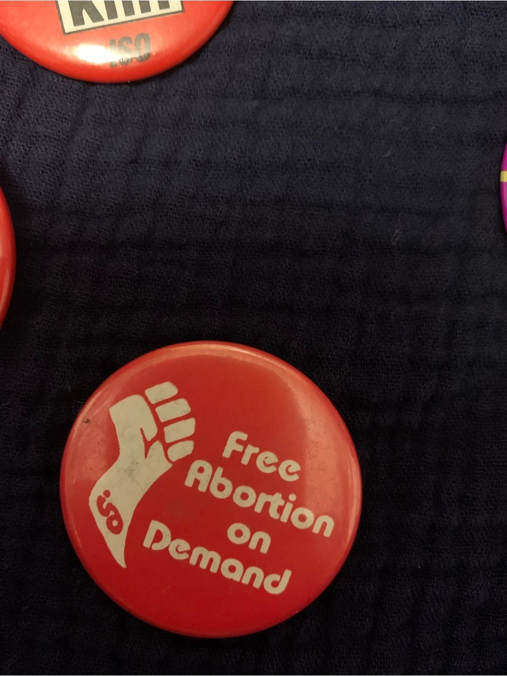 Red workers fist “Free Abortion on Demand” Pin Button - by the leftist grp ISO